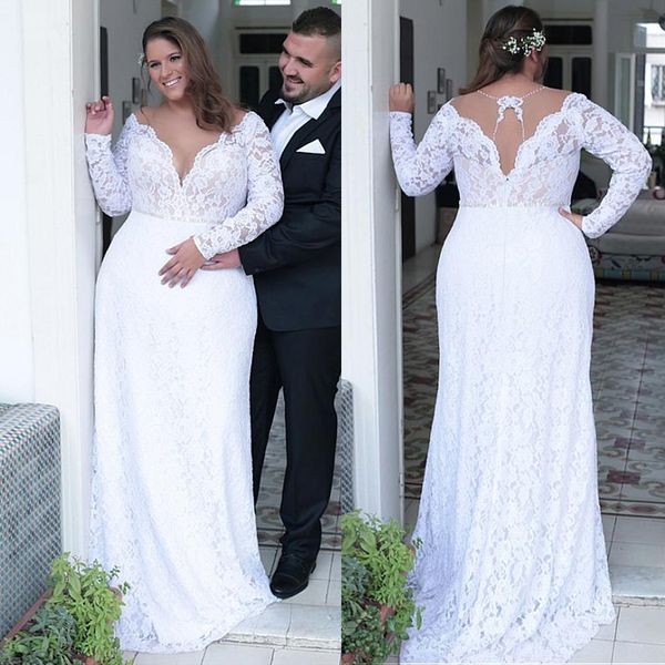 2020 elegant sheath plus size wedding dresses with lace long sleeve open back v neck sweep train bridal gowns custom made, White
2020 elegant sheath plus size wedding dresses with lace long sleeve open back v neck sweep train bridal gowns custom made, White