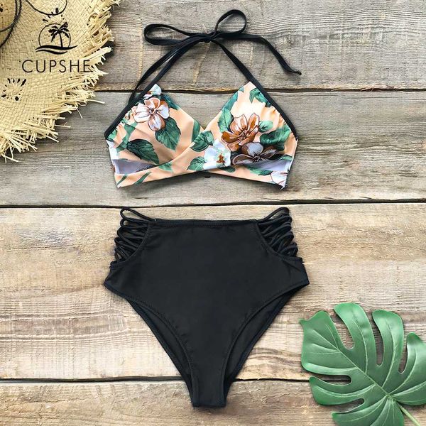 

cupshe pink floral halter bikini sets with strappy black bottom 2019 women high waist two pieces swimsuits bathing suits