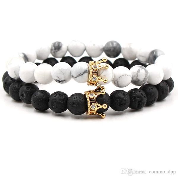 mosaic cz crown natural stone bracelet set essential oil diffuser lava rock white turquoise beaded bangle for women men couple jewelry, Black
mosaic cz crown natural stone bracelet set essential oil diffuser lava rock white turquoise beaded bangle for women men couple jewelry, Black