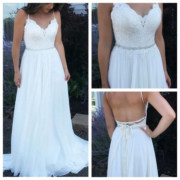 simple spaghetti straps a-line chiffon casual beach wedding dresses lace appliques beading backless wedding dresses with sweep train, White
simple spaghetti straps a-line chiffon casual beach wedding dresses lace appliques beading backless wedding dresses with sweep train, White