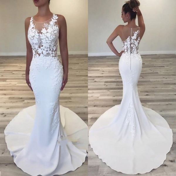 mermaid wedding dresses jewel sheer neck lace appliques satin bridal gowns count train back covered buttons country wedding dress, White
mermaid wedding dresses jewel sheer neck lace appliques satin bridal gowns count train back covered buttons country wedding dress, White