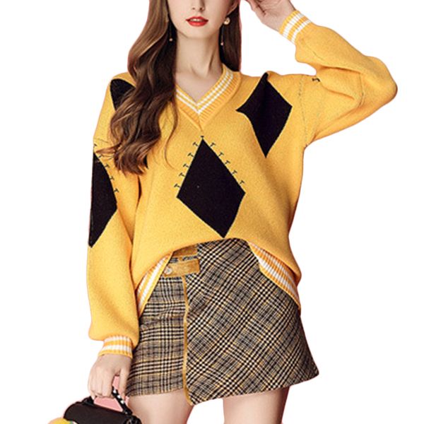 lazy wind women casual sweater autumn color block diamond knitted sweater v-neck long sleeve pullover women's jumper pull femme, White;black
lazy wind women casual sweater autumn color block diamond knitted sweater v-neck long sleeve pullover women's jumper pull femme, White;black