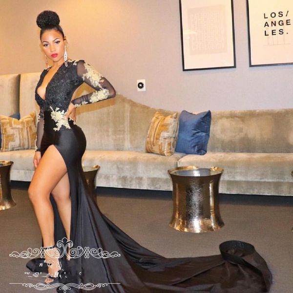 Sexy Mermaid Prom Dresses 2019 Long Sleeve V Neck High Slit Gold Lace Black Elastic Satin African Girls Formal Evening Gowns
Sexy Mermaid Prom Dresses 2019 Long Sleeve V Neck High Slit Gold Lace Black Elastic Satin African Girls Formal Evening Gowns