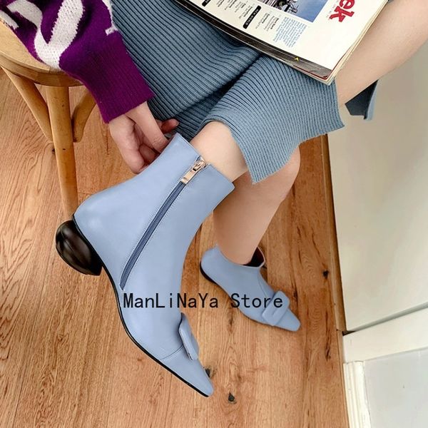 pointed toe genuine leather women ankle boots square buckle decor mid strange egg heel female shoes winter fashion shoes, Black
pointed toe genuine leather women ankle boots square buckle decor mid strange egg heel female shoes winter fashion shoes, Black