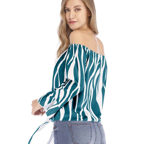 spring and summer ladies striped shirt women fashion casual striped word collar trumpet sleeve t-shirt top, White 
spring and summer ladies striped shirt women fashion casual striped word collar trumpet sleeve t-shirt top, White