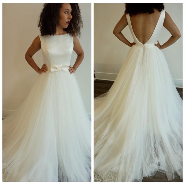 vintage bateau neck a line wedding dresses satin and tulle bottom bridal dresses floor length simple wedding dress with bow and zipper, White
vintage bateau neck a line wedding dresses satin and tulle bottom bridal dresses floor length simple wedding dress with bow and zipper, White