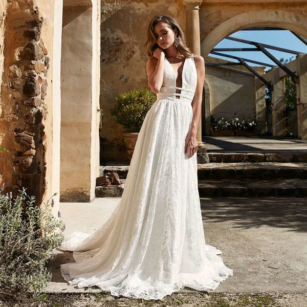 full lace deep v-neck a-line wedding dress with backless straps sweep train applique bridal dress vestido de novia, White
full lace deep v-neck a-line wedding dress with backless straps sweep train applique bridal dress vestido de novia, White