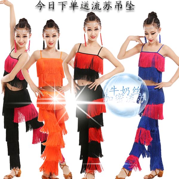 new latin dance children's tassel pants girls sling suit latin dance clothes practice test competition performance, Black;red
new latin dance children's tassel pants girls sling suit latin dance clothes practice test competition performance, Black;red
