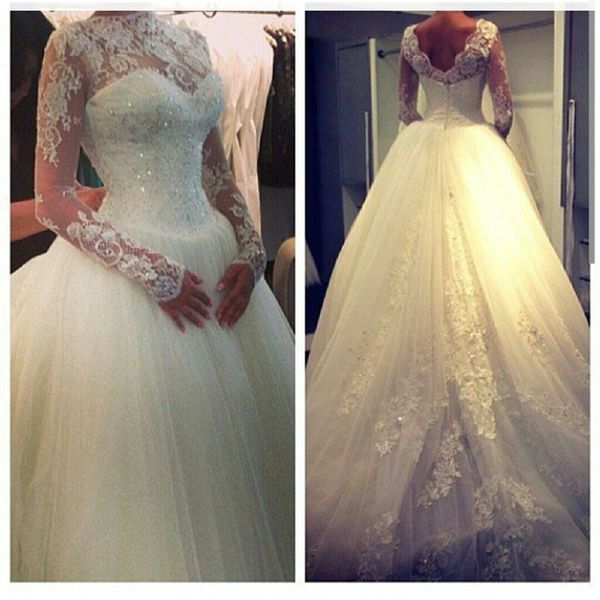 custom made long sleeve wedding dresses 2020 bridal gown with open back lace bodice plus size tulle, White