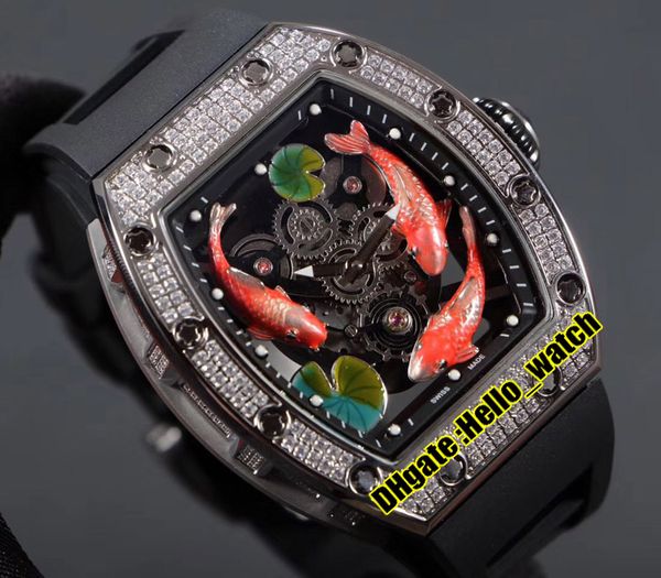 version new rm57-01 miyota automatic mens watch skeleton 3d 3 fish playing water lotus leaf color dial diamond bezel steel case rubber, Slivery;brown
version new rm57-01 miyota automatic mens watch skeleton 3d 3 fish playing water lotus leaf color dial diamond bezel steel case rubber, Slivery;brown