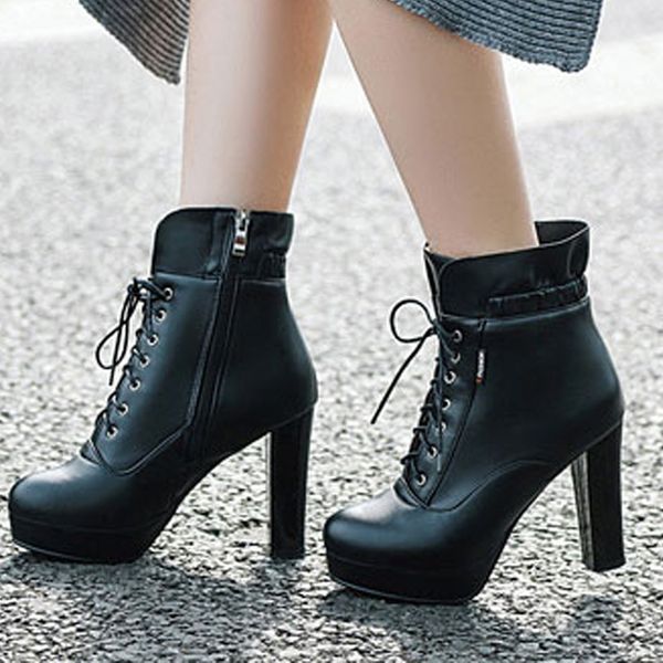 high heel platform boots women's lace-up solid color elastic boots thick heel shoes woman leather keep warm snow booties, Black
high heel platform boots women's lace-up solid color elastic boots thick heel shoes woman leather keep warm snow booties, Black