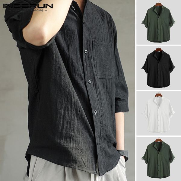 men pure color seven-quarter sleeve shirts incerun breathable stand collar thin blouse spring autumn camisa masculina plus size, White;black
men pure color seven-quarter sleeve shirts incerun breathable stand collar thin blouse spring autumn camisa masculina plus size, White;black