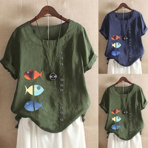 korean loose fish print blouse women casual short sleeve summer blouses o-neck -5xl plus size women blusas#g30, White 
korean loose fish print blouse women casual short sleeve summer blouses o-neck -5xl plus size women blusas#g30, White