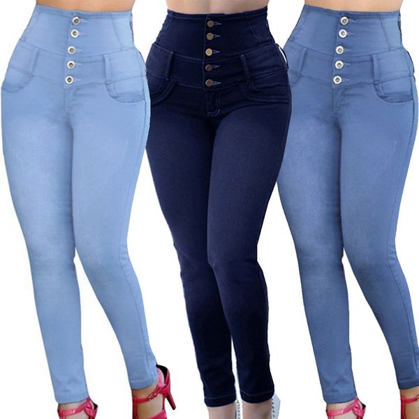 

aprilgrass бренд высокая талия женские джинсы пуговицы женские брюки тонкий эластичный плюс размер стрейч джинсы плюс размер джинсовый синий, Blue