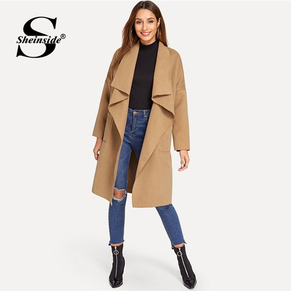 

sheinside pocket front trench coat women waterfall collar belted outerwear 2018 fall clothes office ladies camel wrap long coats, Tan;black