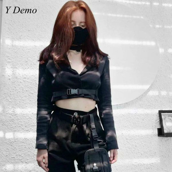 new black women short blazer harajuku buckle strap long sleeve v-neck jacket, White;black
new black women short blazer harajuku buckle strap long sleeve v-neck jacket, White;black