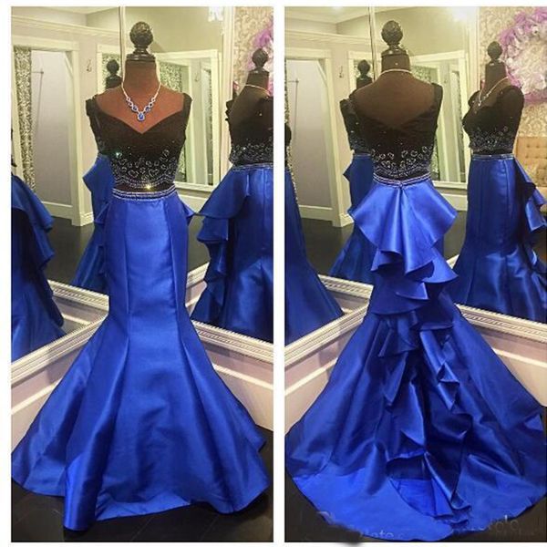 two piece royal blue mermaid prom dresses 2020 sweetheart beaded crystal long ruffles formal evening dresses custom made, Black
two piece royal blue mermaid prom dresses 2020 sweetheart beaded crystal long ruffles formal evening dresses custom made, Black