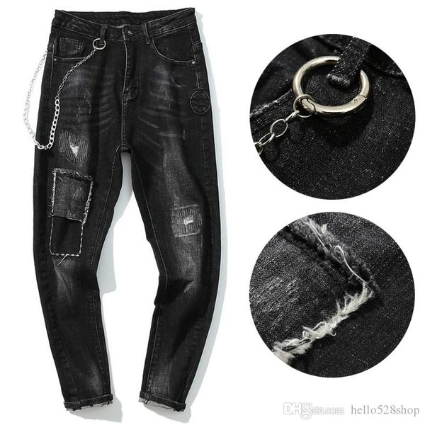 original japanese designer men's pants washed black cowhide chain hole patch ripped jeans skinny for men, Blue
original japanese designer men's pants washed black cowhide chain hole patch ripped jeans skinny for men, Blue