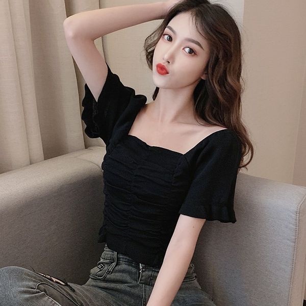 crop off the shoulder tee fashion casual short sleeve t shirt women solid color square collar knitted tshirt, White
crop off the shoulder tee fashion casual short sleeve t shirt women solid color square collar knitted tshirt, White