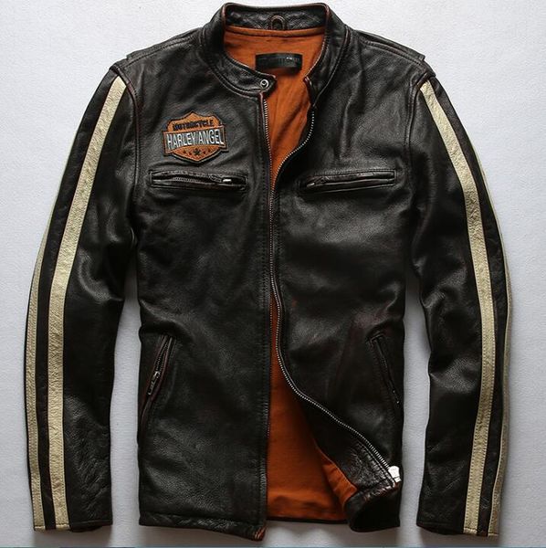harley style men washed vintage leather jacket stand collar striped stitching men motorcycle genuine leather jacket, Black
harley style men washed vintage leather jacket stand collar striped stitching men motorcycle genuine leather jacket, Black