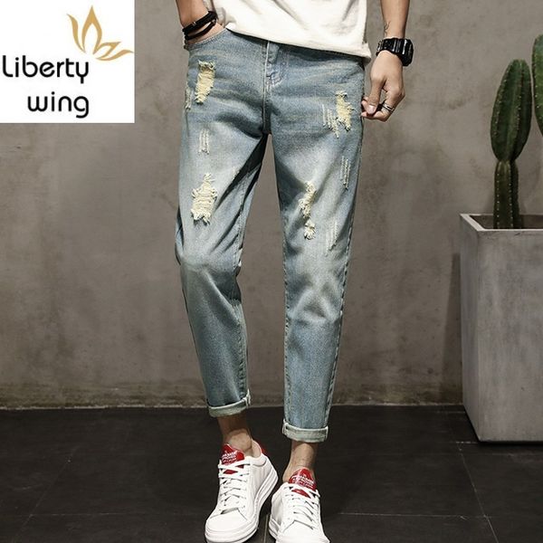 spring summer men ankle length jeans washed hole ripped boys student casual fashion slim fit skinny pants male denim trousers, Blue
spring summer men ankle length jeans washed hole ripped boys student casual fashion slim fit skinny pants male denim trousers, Blue