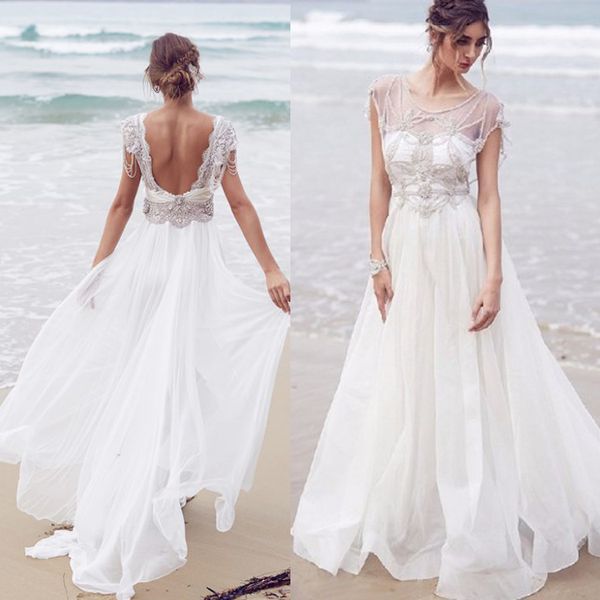 2019 summer a line beach wedding dresses jewel neck ivory lace applique bridal gowns bohemia tulle dress, White
2019 summer a line beach wedding dresses jewel neck ivory lace applique bridal gowns bohemia tulle dress, White