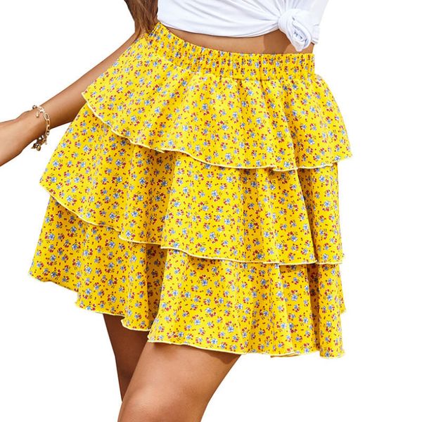 women boho mini shirts summer printed elastic high waist layer skirt, Black