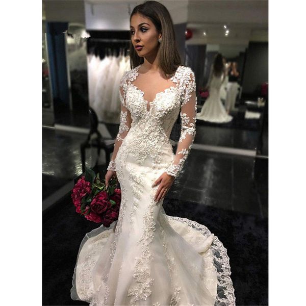 2020 charming sheer neck wedding dresses mermaid sweetheart long sleeves appliques saudi arabic wedding gown bridal dresses, White
2020 charming sheer neck wedding dresses mermaid sweetheart long sleeves appliques saudi arabic wedding gown bridal dresses, White