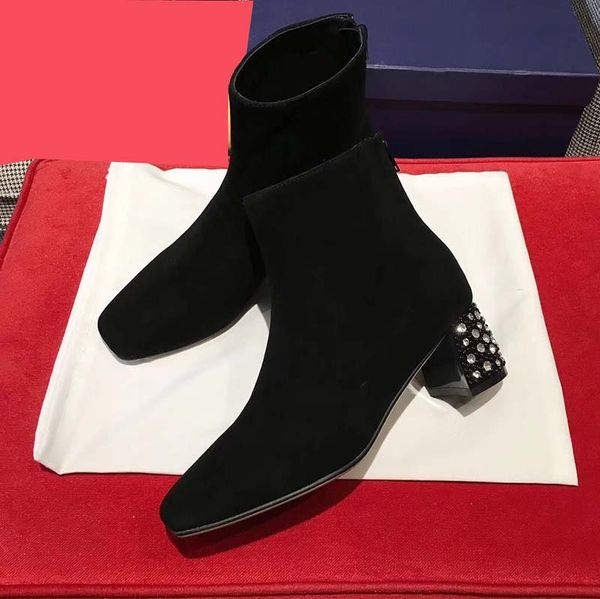 diamond rhinestone med heel short boots m matte black