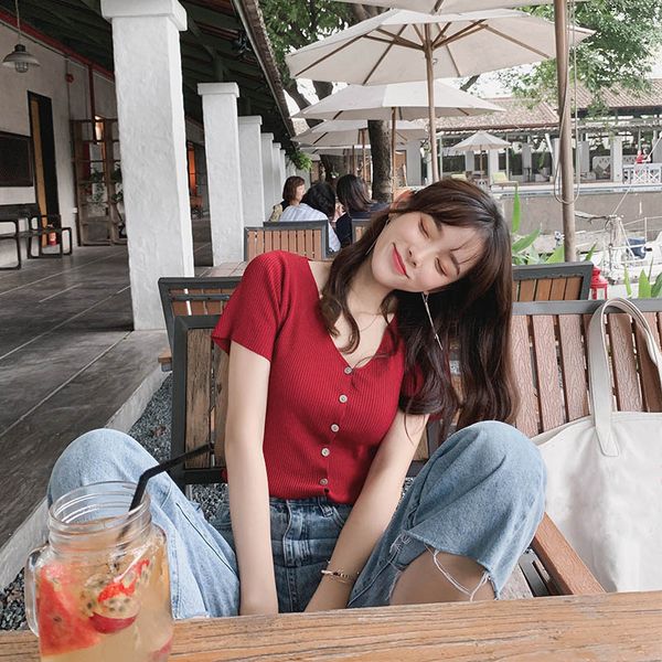 women summer new fashion knitted casual tee slim single breasted short sleeve solid v neck t-shirt mx19b5228, White
women summer new fashion knitted casual tee slim single breasted short sleeve solid v neck t-shirt mx19b5228, White