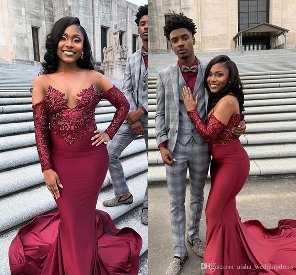 2019 burgundy long sleeves mermaid prom dresses sheer v neck lace appliques satin long evening gowns sequins formal party dress, Black
2019 burgundy long sleeves mermaid prom dresses sheer v neck lace appliques satin long evening gowns sequins formal party dress, Black