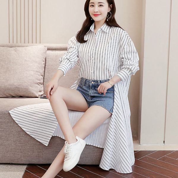 2019 long sleeve short front long back striped shirts women casual loose sleeve cotton lady striped blouse, White
2019 long sleeve short front long back striped shirts women casual loose sleeve cotton lady striped blouse, White