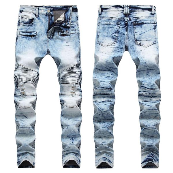 brand designer denim trousers for male pleated biker jeans pants 2019 men's slim fit straight washed multi zipper pants homme, Blue
brand designer denim trousers for male pleated biker jeans pants 2019 men's slim fit straight washed multi zipper pants homme, Blue