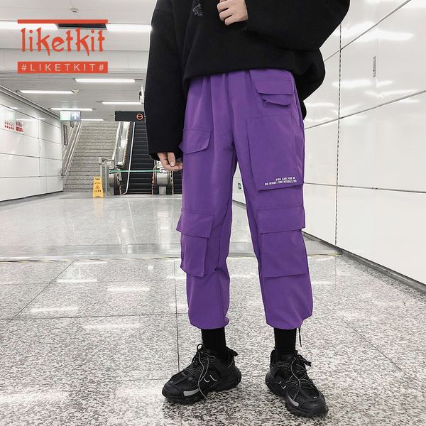 liketkit men hip hop cargo pants streetwear 2020 letter reflective pockets joggers pants male baggy harem black sweatpants