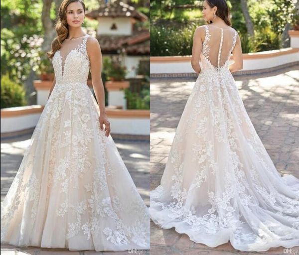 romantic sheer lace country wedding dresses appliqued illusion back a line tulle summer beach boho bridal gowns custom made, White
romantic sheer lace country wedding dresses appliqued illusion back a line tulle summer beach boho bridal gowns custom made, White