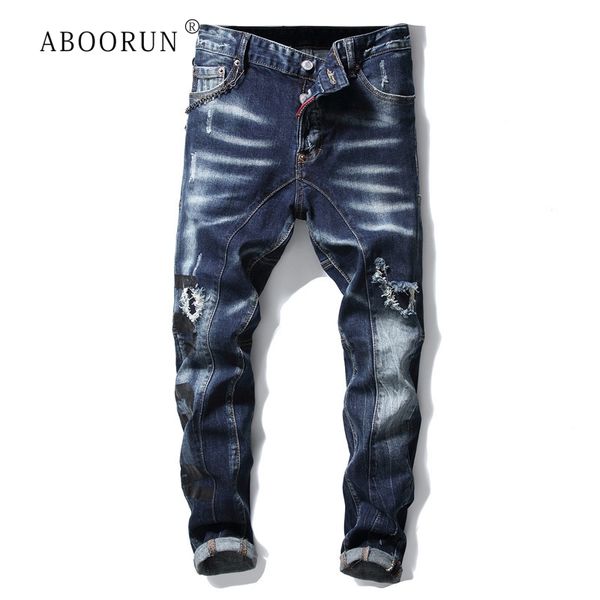 men's punk chains jeans ripped painted jeans black skinny hip hop pencil denim pants male, Blue
men's punk chains jeans ripped painted jeans black skinny hip hop pencil denim pants male, Blue