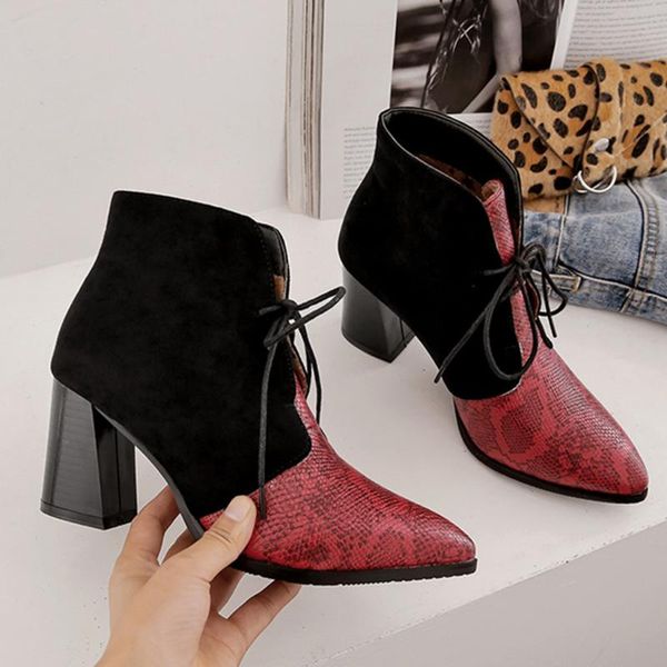 snake pattern patchwork short boots women pointed toe lace-up boots ladies vintage square high heels shoes leather booties 2019, Black
snake pattern patchwork short boots women pointed toe lace-up boots ladies vintage square high heels shoes leather booties 2019, Black