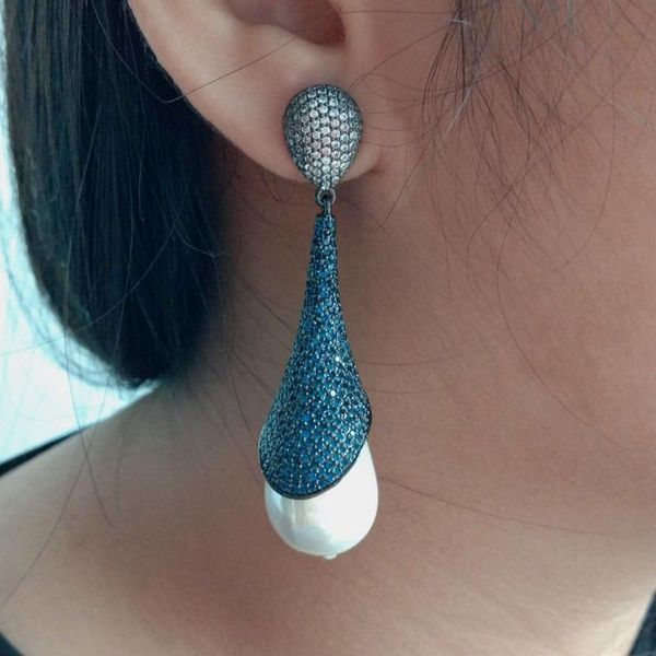 women' s 16x25mm white sea shell pearl colbalt cz pave gunmetal earrings, Golden
women' s 16x25mm white sea shell pearl colbalt cz pave gunmetal earrings, Golden