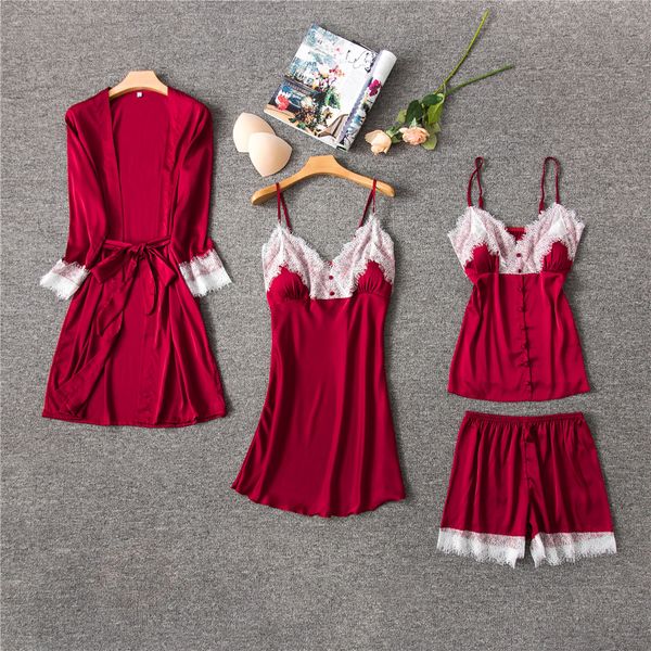 daeyard women silk pajamas 4 pieces pajama sets sleepwear lace trim sleep lounge v-neck robe pyjamas spring summer homewear, Black;red
daeyard women silk pajamas 4 pieces pajama sets sleepwear lace trim sleep lounge v-neck robe pyjamas spring summer homewear, Black;red