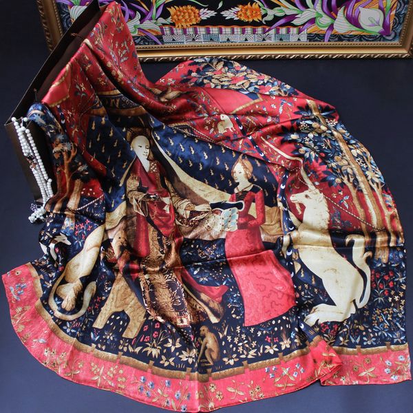 бельгия картина маслом дама с unicorn 110 шелк большой квадратный шарф печати шарф шаль шелк шелковый шарф, Blue;gray 
бельгия картина маслом дама с unicorn 110 шелк большой квадратный шарф печати шарф шаль шелк шелковый шарф, Blue;gray