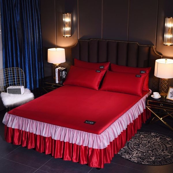 

princess ruffle bed skirt bedding sets 3 pcs 1.2/1.5/1.8/2.0m size silk pillowcase bedspread bed cover set bedspreien home