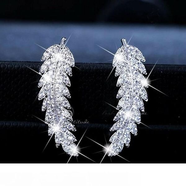 2019 new arrival fashion luxury jewelry 925 sterling silver pave white sapphire cz diamond leaf feather stud earring for wom, Golden;silver 
2019 new arrival fashion luxury jewelry 925 sterling silver pave white sapphire cz diamond leaf feather stud earring for wom, Golden;silver