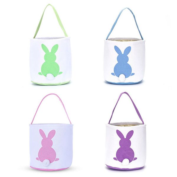 

Easter Eggs Basket Bunny Baskets for Kids with Cross-Stitch Line Burlap Gift Bag Round Tote Jute Bags Fluffy Tails Printed Rabbit Canvas