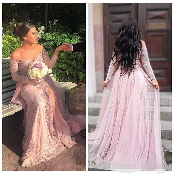 elegant pink off the shoulder evening dresses long sleeves lace applique sequins overskirt tulle sweep train formal occasion wear prom gown, Black;red
elegant pink off the shoulder evening dresses long sleeves lace applique sequins overskirt tulle sweep train formal occasion wear prom gown, Black;red