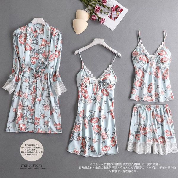 women pajama suit 4pcs sleep set satin nightgown printed kimono bathrobe gown intimate lingerie pyjamas home clothes, Blue;gray
women pajama suit 4pcs sleep set satin nightgown printed kimono bathrobe gown intimate lingerie pyjamas home clothes, Blue;gray