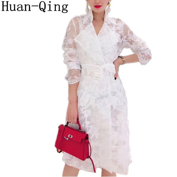 women lace mesh embroidery through white trench coat double-breasted belt turn-down collar long coat outerwear, Tan;black
women lace mesh embroidery through white trench coat double-breasted belt turn-down collar long coat outerwear, Tan;black