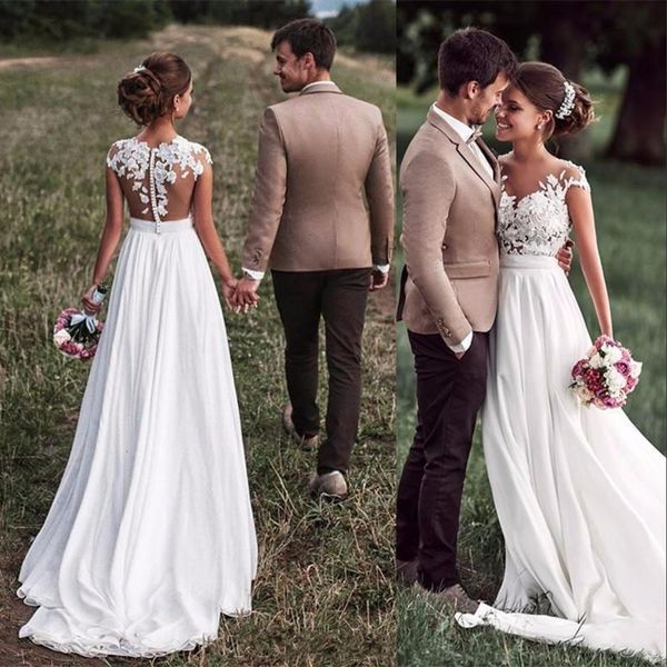 new bohemian beach a line wedding dresses summer jewel neck illusion lace appliques cap sleeve chiffon sweep train formal bridal gowns, White
new bohemian beach a line wedding dresses summer jewel neck illusion lace appliques cap sleeve chiffon sweep train formal bridal gowns, White
