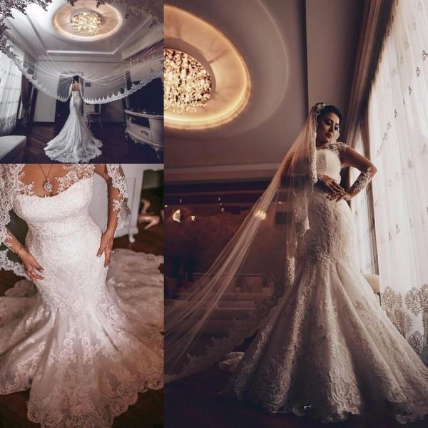 african mermaid wedding dresses jewel neck illusion full lace appliques long sleeves plus size tulle sweep train formal bridal dress, White
african mermaid wedding dresses jewel neck illusion full lace appliques long sleeves plus size tulle sweep train formal bridal dress, White