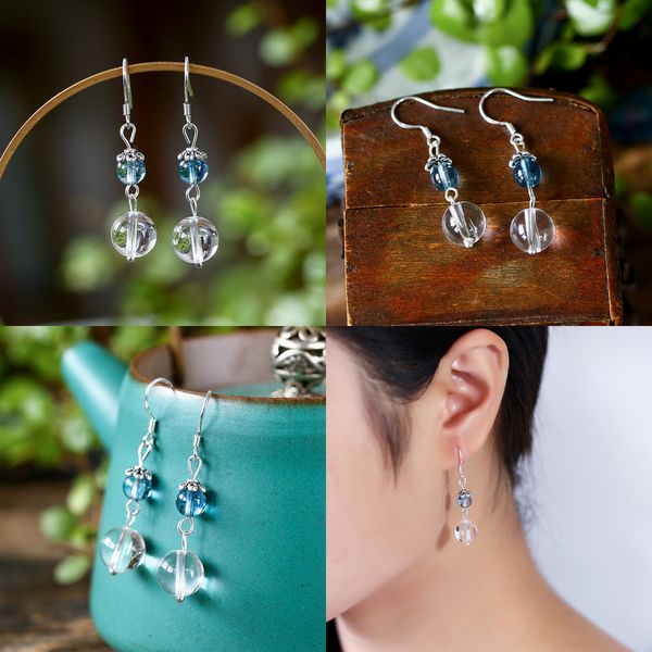 925 s natural plain water crystal eardrop white crystal anna temperament earrings eardrop long fund evil eye bracelet bracelet mud, Black