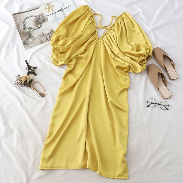 2020 korean v-neck backless dress women fashion design summer dresses elegant puff sleeve midi party dress yellow, Black;gray
2020 korean v-neck backless dress women fashion design summer dresses elegant puff sleeve midi party dress yellow, Black;gray